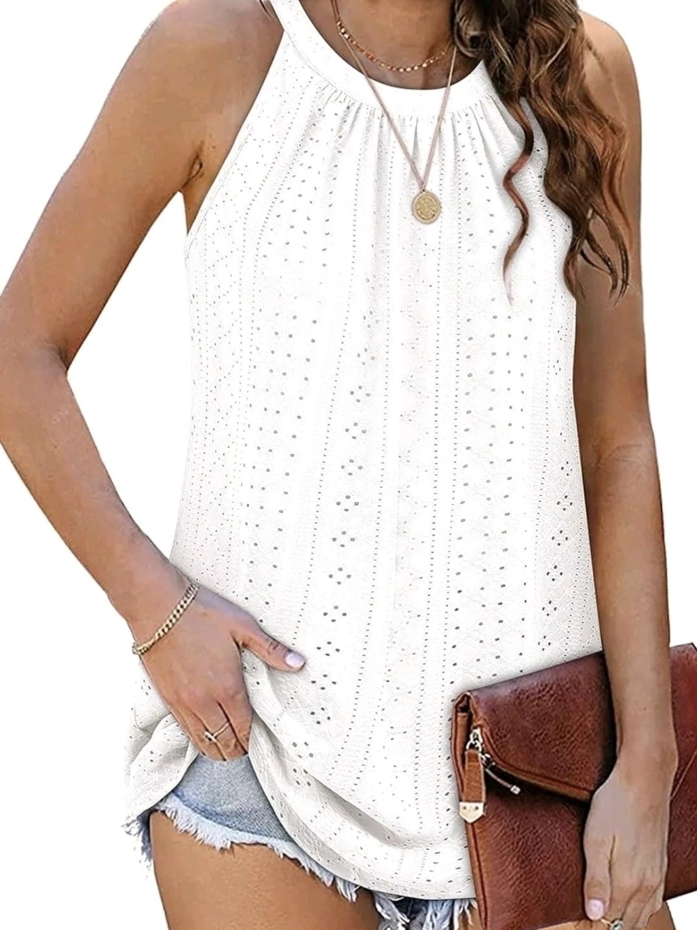 NWOT! Women’s Eyelet Loose Casual Sleeveless Halter Flowy High Neck Shirt Sz: Sm